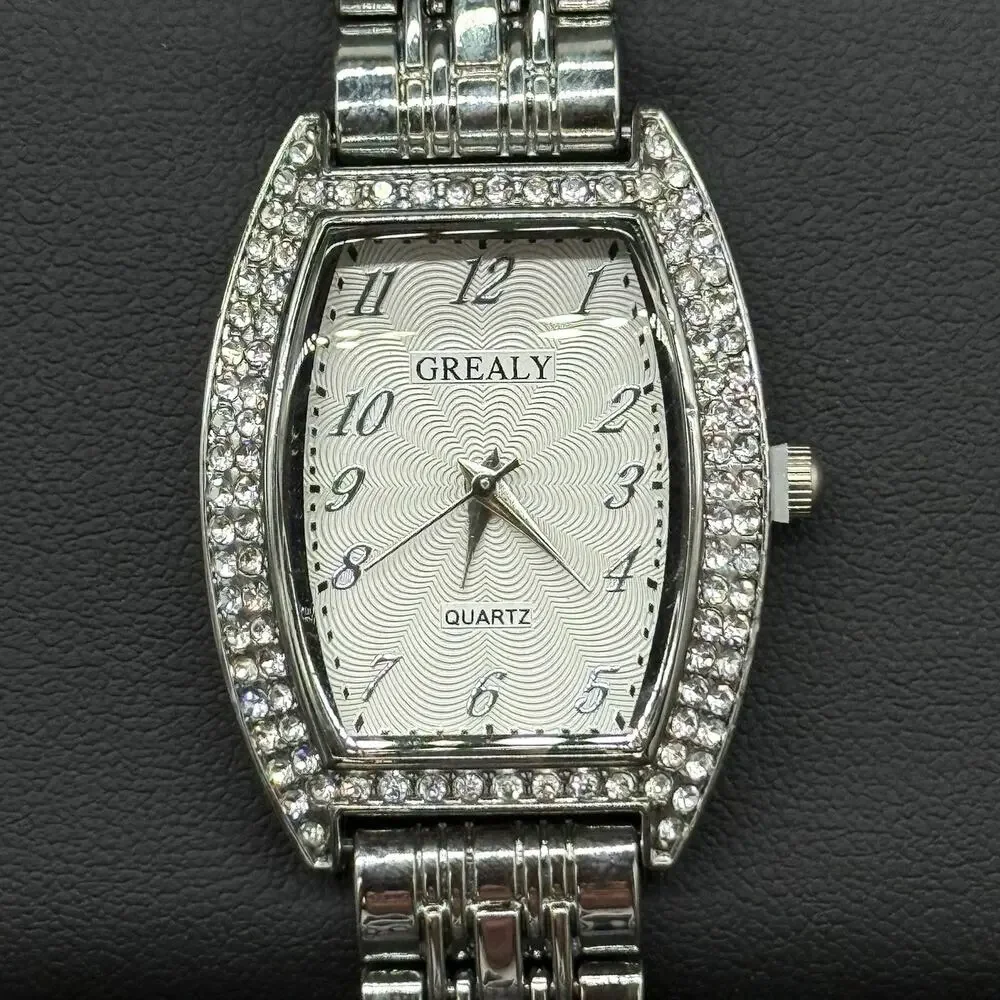 Gimto Silver Tone Watch Bracelet Set 2 Pc Iced Tonneau Dial Rhinestone Bling NEW